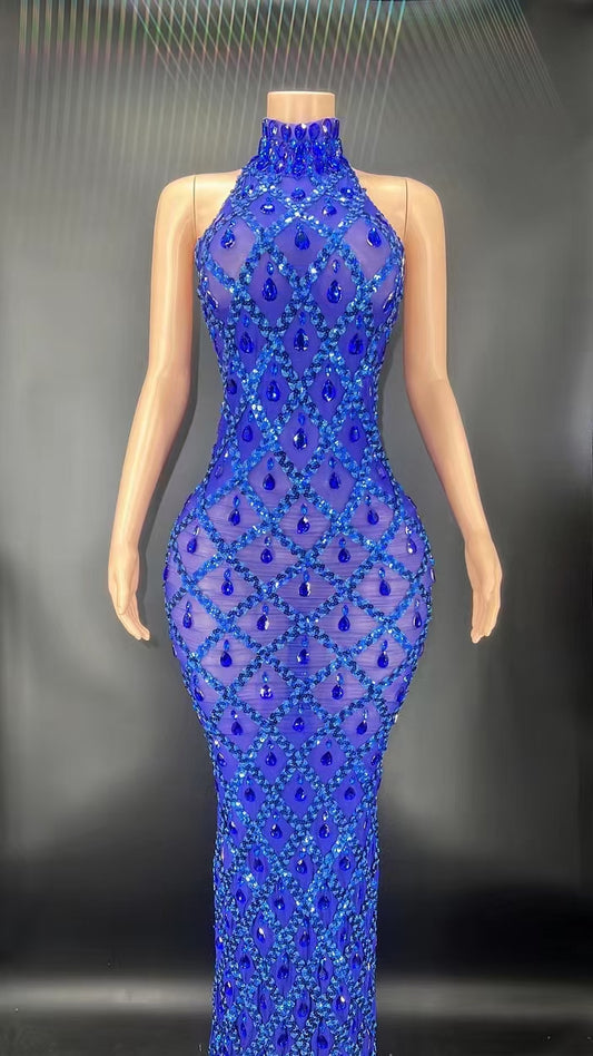 Sexy Mesh See Through Crystal Sequin Evening Party Dress